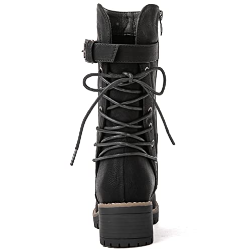 GLOBALWIN Women's Biker Boots Lace up Mid Calf Motorcycle Fashion Festival Boots Combat Riding Military Boots for Women Black Size 11