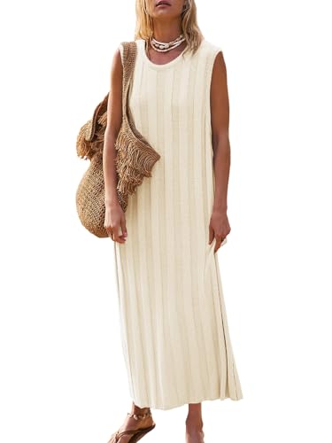 Fisoew Women's Summer Sleeveless Maxi Dress Scoop Neck Ribbed Knit Tank Top Dresses White
