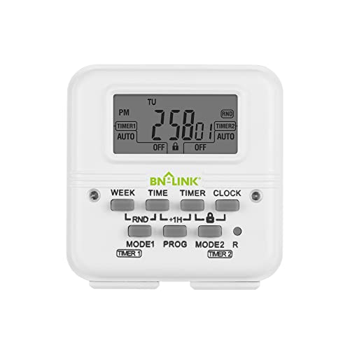 BN-LINK Digital Timer Outlet 7 Day Programmable Digital Outlet Timer with 2 Independent Outlets 3-Prong Mini Indoor Easy Set Stackable Plug-in for Lights Lamps Fans Accurate 8A/1000W 1/3HP