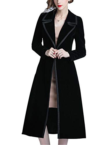 Omoone Women's Double Breasted Lapel Midi Long Vintage Velvet Trench Coat(0102-NavyBlue-XS)