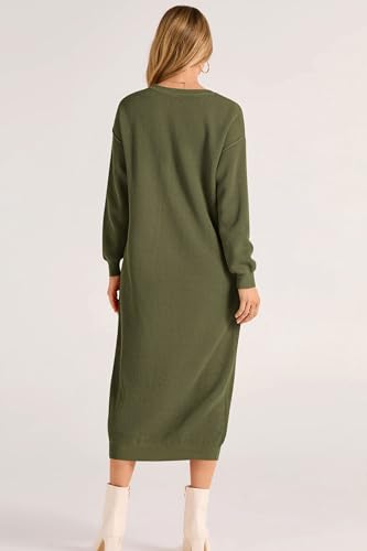 PRETTYGARDEN Women's 2024 Fall Knit Sweater Dress Long Sleeve Button V Neck Loose Casual Maxi Dresses (Army Green,Small)