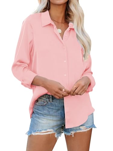 siliteelon Womens Button Down Shirts Solid Dress Shirts Long Sleeve Flowy Collared Work Office Business Blouses Chiffon Tops - Wine Red S