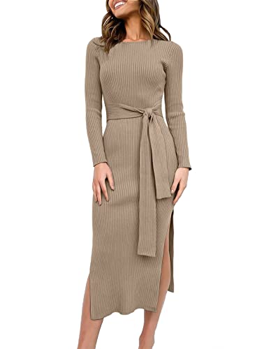 ANRABESS Womens Long Sleeve Sweater Dress Crew Neck Slim Fit Slit Tie Waist 2025 Ribbed Knit Bodycon Midi Dress Fall Outfits Khaki Small