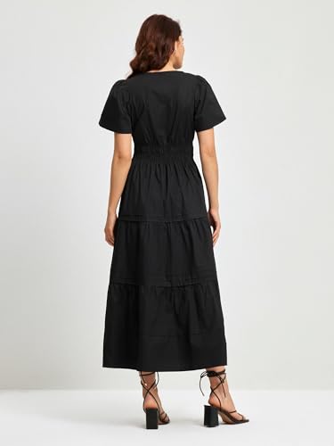 ShallWe Women's Basic Plain Black Summer Dress Casual Long Maxi Short Sleeve Layered Cotton V Neck A Line Fashion Travel
