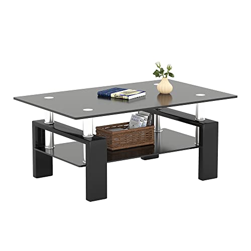 Meihua Rectangle Glass Coffee Table 2-Tier Tea Table Modern Side Coffee Table for Living Room (All Black)