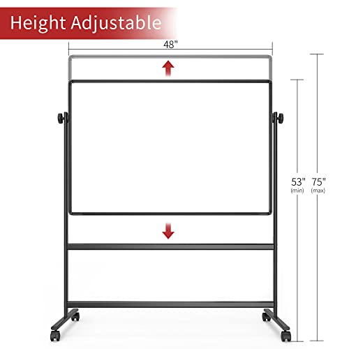 VIZ-PRO Double-Sided Magnetic Mobile Whiteboard, 48 x 32 Inches, Height Adjustable Rolling Dry Erase Board Black with 4 Markers, 6 Magnets, 1 Eraser and 2 Hooks