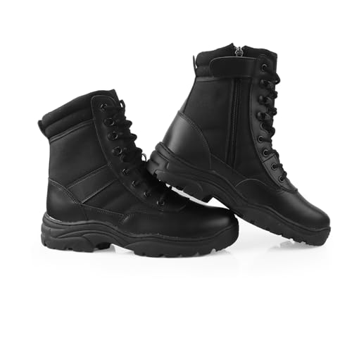 QUNLON Men's Tactical Boots Military Boots for Men Side Zipper Combat Motorcycle Boots Lightweight Army Work Boots 8'' Duty Boots Black Leather Police Boots-6.5US