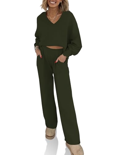 Fiosew Womens 2 Piece Sweat Set Sweatsuits V Neck Sweatshirt Pocketed SweatPants Casual Sport Tracksuits