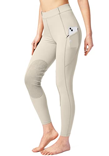 SANTINY Women's Horse Riding Pants with Zipper Pockets Knee-Patch Schooling Tights Equestrian Breeches for Women (White_XL)