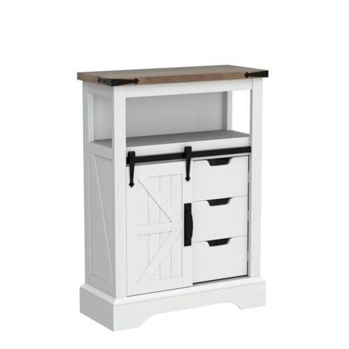 OKD Bathroom Floor Cabinet, Farmhouse Storage Cabinet with Sliding Barn Door & Storage Drawers, Small Storage Cabinet for Bathroom, Kitchen, Living Room, Antique Brush White