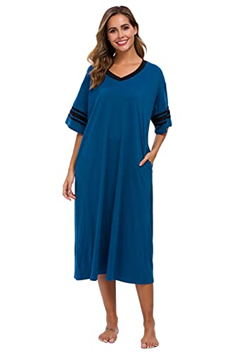 Vslarh Women's Nightgown Long Loungewear Short Sleeve Sleepshirt V Neck Pajama Dress with Pockets S-3XL