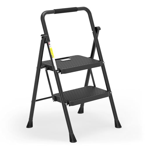 HBTower 2 Step Ladder, Folding Step Stool with Wide Anti-Slip Pedal, Sturdy Steel Ladder, Convenient Handrail, Lightweight, Portable Steel Step Stool