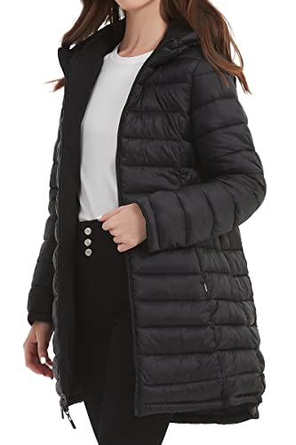 Bellivera Women Puffer Jacket Reversible Spring and Winter Warm Quilted Lightweight Long Hooded Padded Bubble Coat 207 Black S