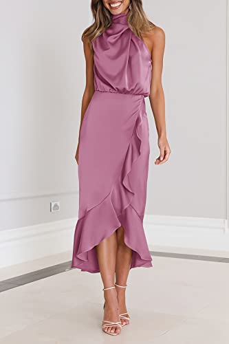 MITILLY Women's Satin Sleeveless Mock Neck Elastic Waist Bodycon Wrap Mermaid Hem Formal Cocktail Party Maxi Dress Small Dusty Rose