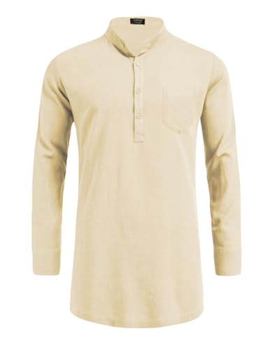 COOFANDY Mens Long Sleeve Linen Shirts Hippie Casual Beach T Shirts Kurta Indian Wear Wedding, Beige, Small