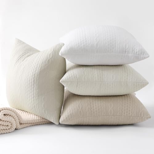 Cikary Decorative Throw Pillow Covers 16x16 Set of 2 for Sofa Bed with Raised Twisted Rope Pattern, Stretchy Embossed Couch Pillow Covers, Beige
