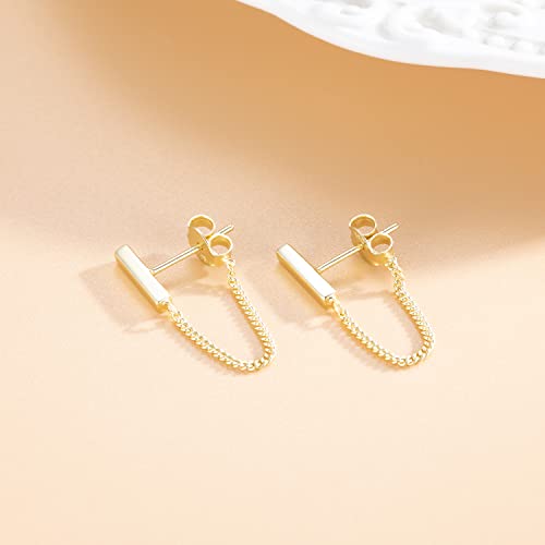 Reffeer 925 Sterling Silver Stud Earrings Minimalist Bar Earrings with Chain Dangle Earrings For Women (C-Yellow)