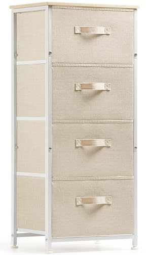 Pipishell Dresser with 4 Drawers, Tall Storage Tower with Sturdy Steel Frame Wood Top,Fabric Dresser Organizer Unit for Bedroom, Hallway, Entryway, Closets, Nursery Room