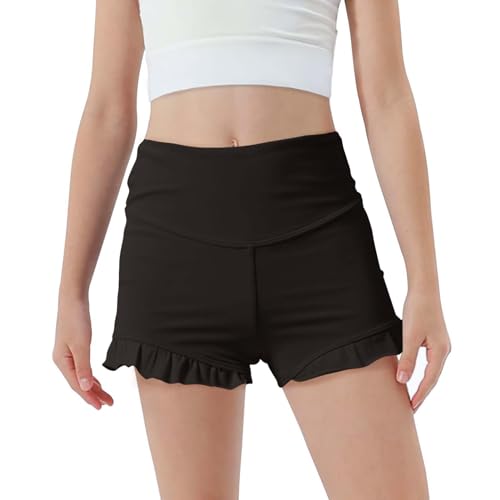 Peninpha Girls Athletic Ruffle Shorts High Waisted Spandex Shorts Stretch Youth Gymnastics Yoga Dance Shorts for Kid Age 5-14 Black