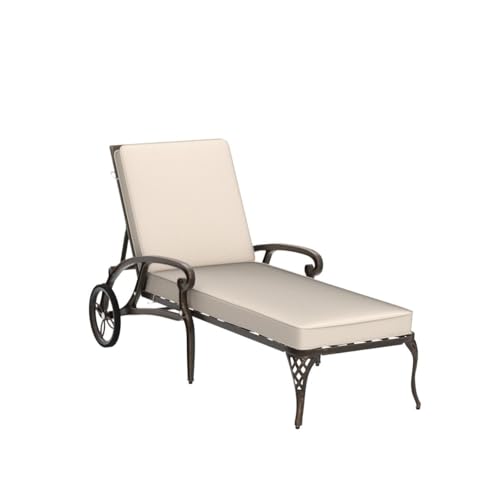 VINGLI Cast Aluminum Outdoor Chaise Lounge Chair with Wheels, Patio Chaise Lounge with 3-Position Adjustable Backrest, Outdoor Tanning Chair Patio Lounge Chaires (Bronze, with Cushion)