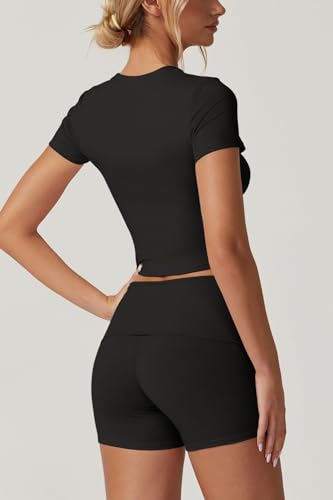 QINSEN Lounge Sets for Women 2 Piece Outfits Cropped Crew Neck Tops Fold Over Shorts Casual Loungewear Black S