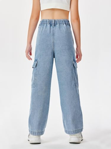 Haloumoning Girls Jeans Denim Elastic High Waisted Wide Leg Baggy Cargo Pants with Pockets 5-14 Years