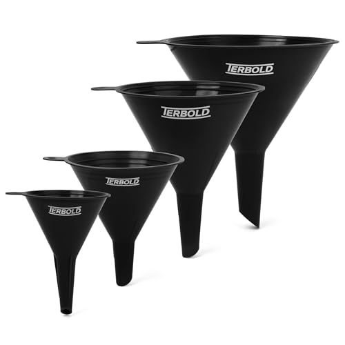 Terbold 4pc Funnel Nesting Set in BPA Free Plastic for Kitchen Cooking, Car Oil, Home, or Lab Use (Black)