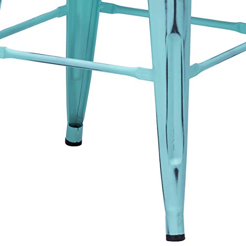 Alunaune 24" Metal Bar Stools Set of 4 Industrial Counter Height Barstools Kitchen Counter Stool Wood Top Low Back-Distressed Blue