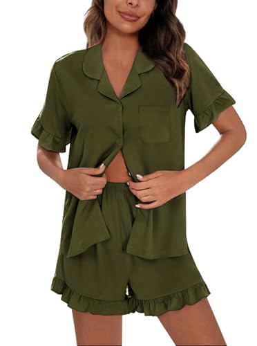 SWOMOG Woman Pajama Set Short Sleeve 2Pcs Soft Modal Sleepwear Button Down Ruffle Hem Pj Set White Large Loungeset