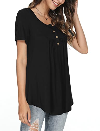 POPYOUNG Women's 2024 Summer Short Sleeve Tunic Tops Spring Casual Henley Shirt Loose Blouses M, Macaron Flower And Grass