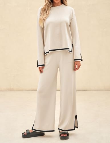 ZESICA Women's 2 Piece Outfits Set 2024 Casual Long Sleeve Knit Pullover Top and Wide Leg Pants Sweatsuit Lounge Sets,Teal,Medium