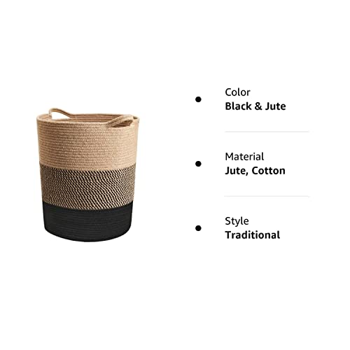 INDRESSME Laundry Basket Large Laundry Hamper, Woven Baskets for Storage, 17.8" x 15.8" x 13.8", Wicker Laundry Basket for Living Room, Dirty Clothes Basket, Baby Hamper for Nursery, Black & Jute