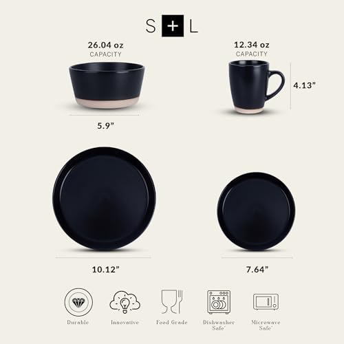 Stone Lain Jules Modern Stoneware 16-piece Round Black Dinnerware Set, Plates and Bowls Sets, Dish Set for 4, Black