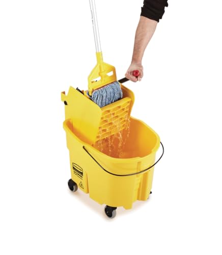 Rubbermaid Commercial Products WaveBrake 26 Qt. Side-Press Mop Bucket and Wringer Combo on Wheels, Yellow, for Professional/Industrial/Business Heavy-Duty Floor Cleaning/Mopping
