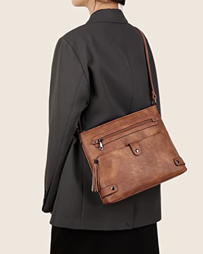 FADEON Large Crossbody Bags Purses for Women Crossbody Bag, Designer Leather Cross Body Purse Multi Pocket Shoulder Bag Brown