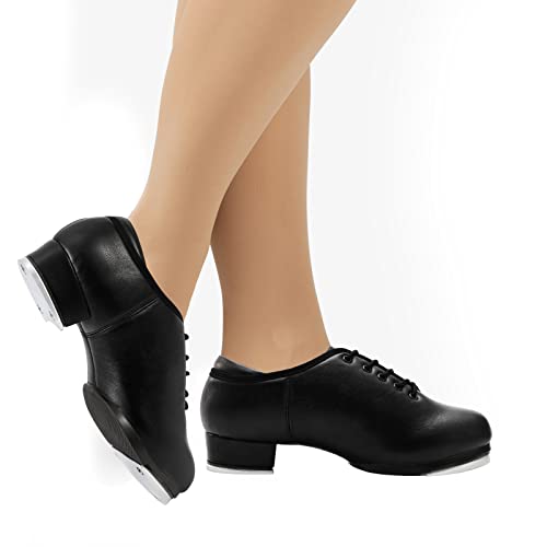 Child Tap Shoes Split Sole Unisex Dance Girls and Boys, Black 4 Big Kid