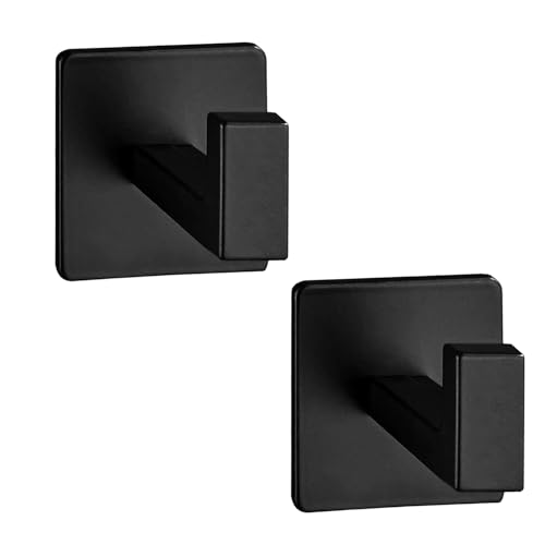 Vanloory Bathroom Towel Hooks, 2 Pack Self Adhesive Square Coat Hooks, Sturdy No Drilling Robe Hook, Heavy Duty Aluminum Clothes Hanger, Wall Hooks for Bathroom Bedroom Kitchen(Black, 2 in)