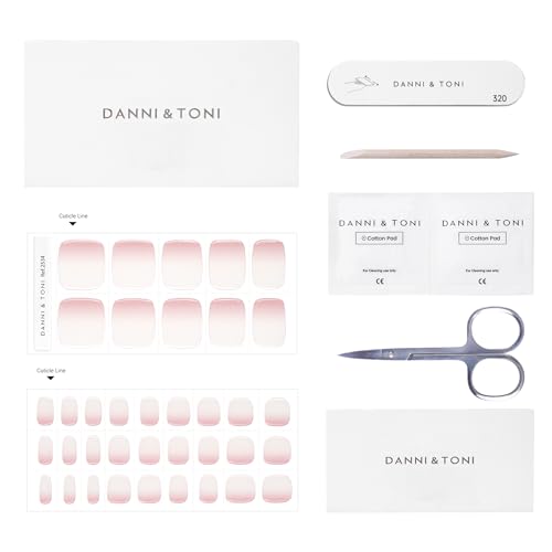 DANNI & TONI Semi Cured Gel Toenail Strips Rose Red Sparkles (Scarlet Gleam) Translucent Toenail Stickers Reverse French Gel Pedi Wraps 37 Stickers