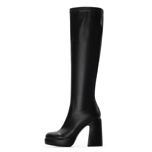 Modatope Knee High Boots for Women Platform Black Boots Womens Platform Chunky Heel Boots Women High Heel Rounded Toe Side Zipper Tall Boots Size 6.5