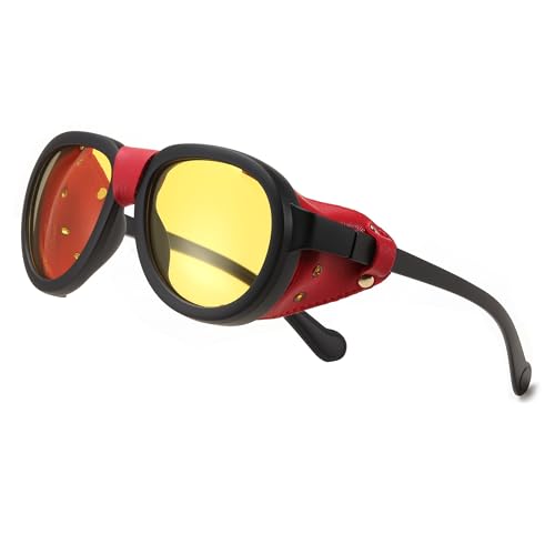 FEISEDY Steampunk Sunglasses Women Men,Polarized Yellow Lens, Retro Round Vintage Frame Leatherwear B0159