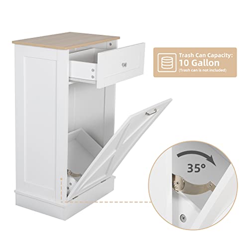 Puluomis Tilt Out Trash Cabinet-Free Standing Kitchen Waste Bin-Wooden Recycling Trash Cabinet with Drawer-Grey