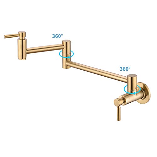 Fonveth Brushed Gold Wall Mounted Pot Filler Kitchen Faucet, Dual Handles, 1/2 IPS Male Threaded - 14 NPT inlet