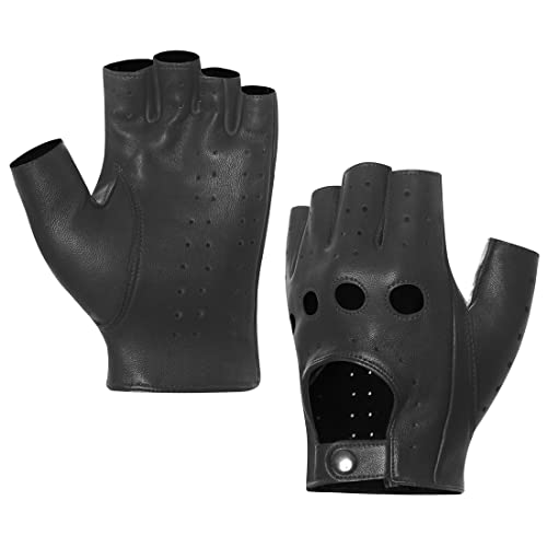 Harssidanzar Mens Fingerless Half Finger Leather Driving Gloves Lambskin Unlined Upgrade GM032US,Black, Size XS