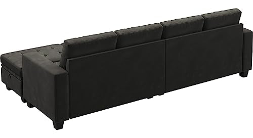 Belffin Velvet Convertible 4-Seat Sectional Sleeper Sofa with Reversible Chaise Sleeper Sectional Couch Bed with Storage Ottoman Sectional Sofa Couch Set Black