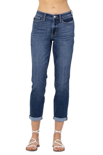 Judy Blue Women's Mid-Rise Rolled Cuffed Boyfriend Jeans (Dark Blue, 5)