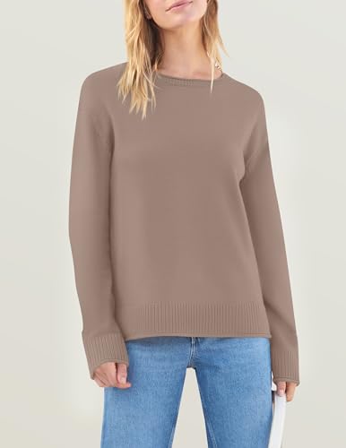 ZESICA Women's 2024 Fall Long Sleeve Crew Neck Soft Knit Side Slit Comfy Loose Pullover Sweater Jumper Tops,Nutmeg,Medium