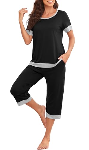PrinStory Women's Pajama Set Short Sleeve Shirt and Capri Pants Sleepwear Pjs Sets Lounge Set Light Khaki-M