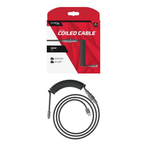 HyperX Coiled Cable - Durable Coiled Cable, Stylish Design, 5-Pin Aviator Connector, USB-C to USB-A - Grey