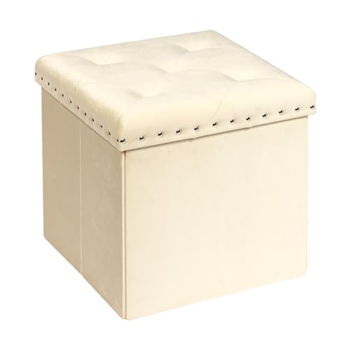 PINPLUS Beige Folding Storage Ottoman Cube, 16inch Velvet Tuffed Storage Ottoman, Foldable Foot Rest Stool with Rivet Tray, Shoes Box Toy Chest and Seat for Living Room, Bedroom