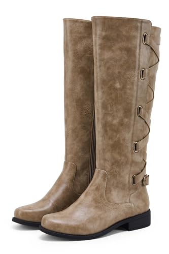 Syktkmx Womens Strappy Motorcycle Knee High Boots Winter Lace Up Riding Flat Low Heel Shoes, Dark Brown, Size 10